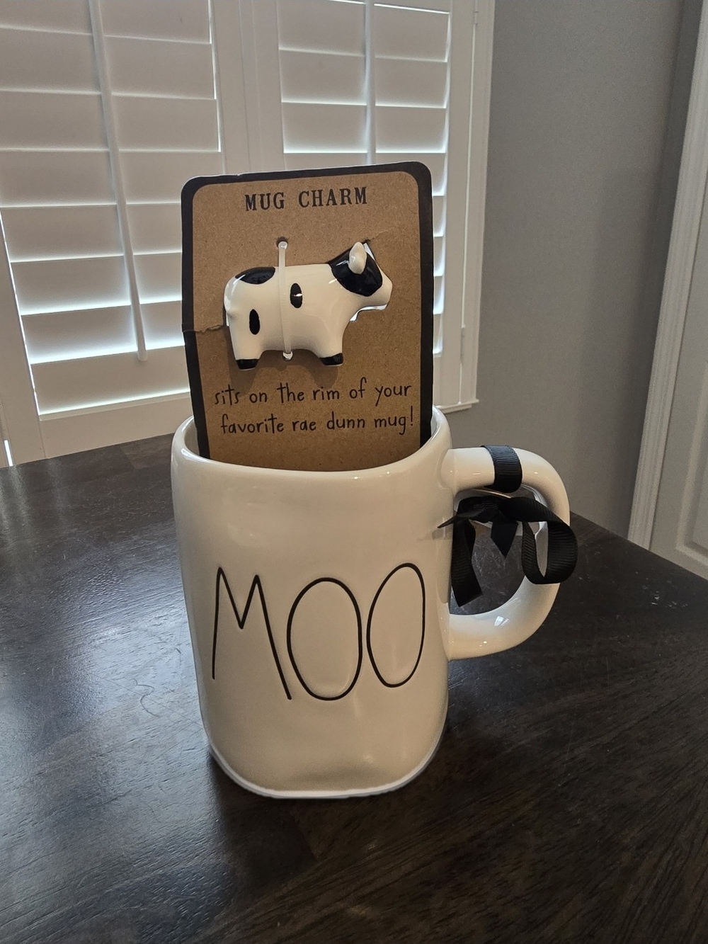 Rae Dunn White Ceramic Mug with MOO Lettering and Cow Clip Charm